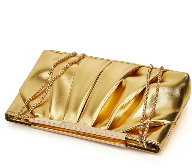 Women's Metallic Ruched PU Clutch Bag with Gold Chain Strap Evening Crossbody Purse