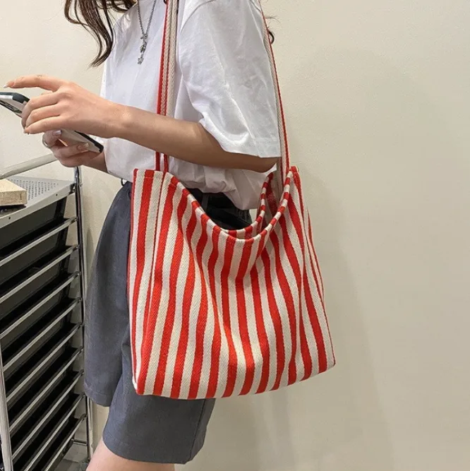 Portable Striped Canvas Tote Bag Large Capacity Minimalist Casual Shoulder Commute Bag view 2