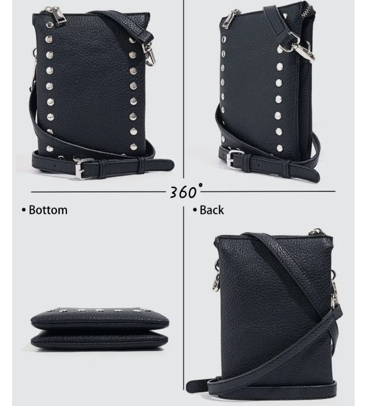 Casual PU Leather Studded Small Square Bag Double Zipper Crossbody Purse with Adjustable Strap view 2