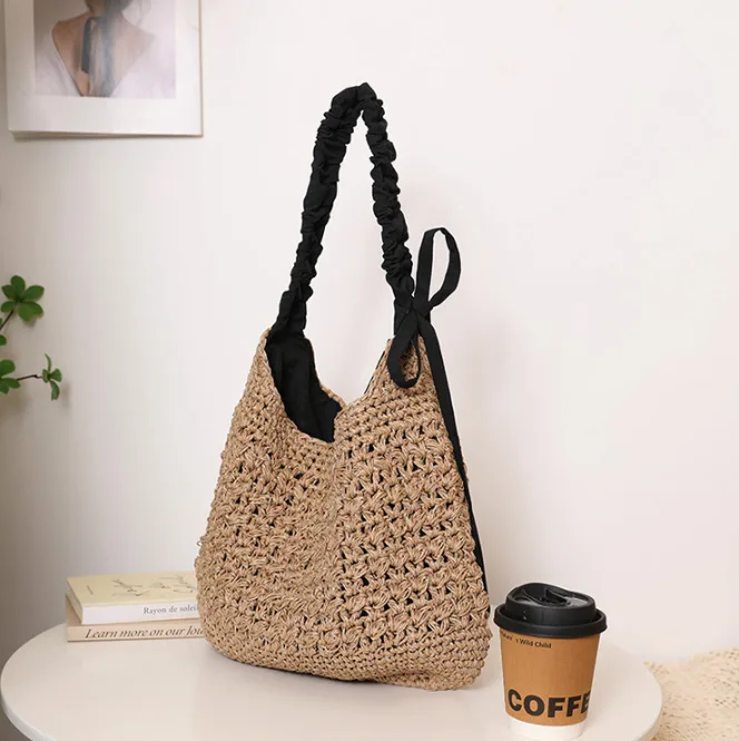 Women's Large Straw Woven Tote Bag with Bow Detail Hollow Out Beach Shoulder Bag