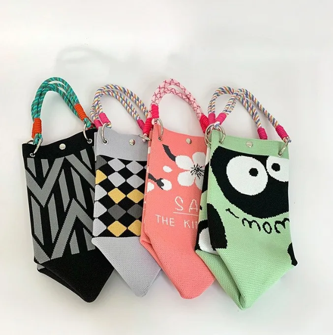 Women's Knitted Bucket Bag Geometric Print Handbag with Rope Handle Streetwear Shoulder Bag view 2