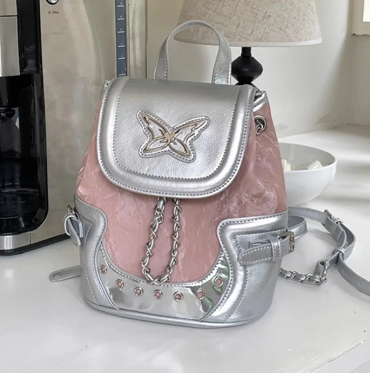 Silver Pink Two Tone PU Leather Backpack Cute Butterfly Decor Small Travel Backpack for Ladies