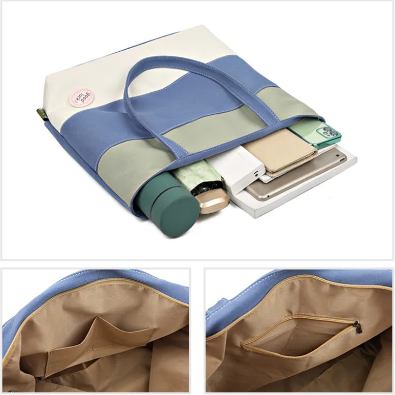 Large Canvas Tote Bag with Color Block Design Zipper Closure Casual Handbag for Women view 2