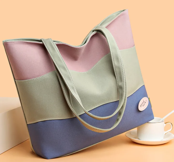 Large Canvas Tote Bag with Color Block Design Zipper Closure Casual Handbag for Women