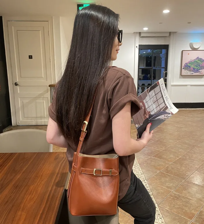 High Quality Genuine Leather Bucket Bag for Women Adjustable Strap Crossbody Shoulder Bag with Multiple Colors view 3