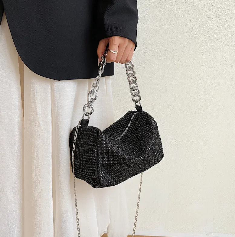 Women's Rhinestone PVC Mini Crossbody Bag Chunky Chain Evening Clutch with Detachable Strap view 3