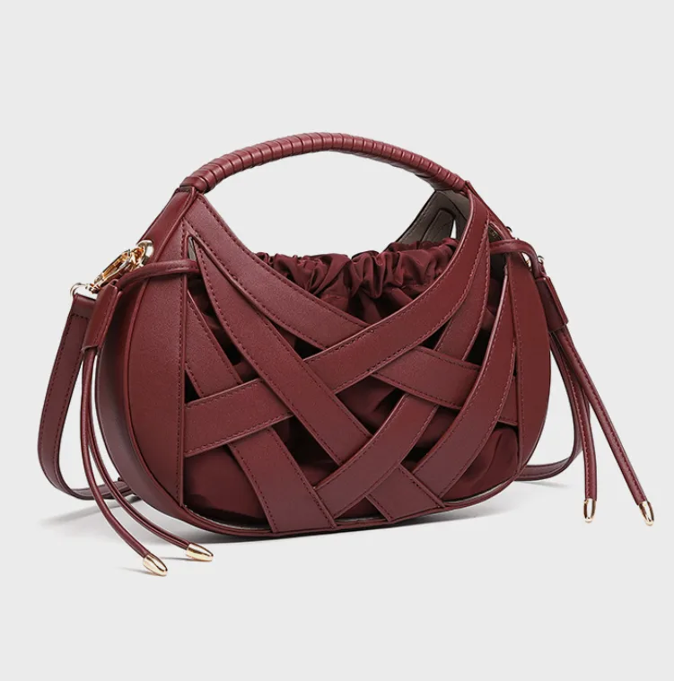 Korean Style Patent Leather Crossbody Bag Heart-shaped Woven Design Drawstring Closure