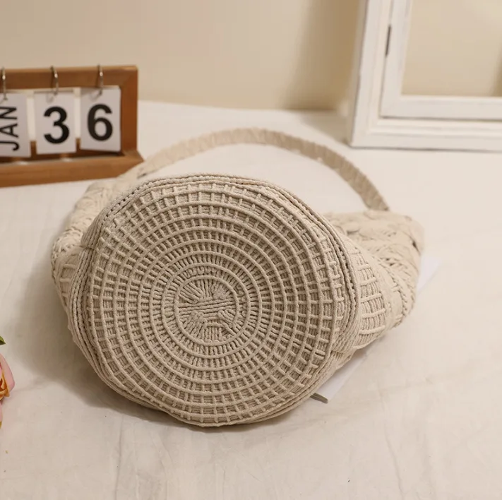 Boho Style Cotton Macrame Bucket Bag Large Capacity Woven Shoulder Bag for Vacation view 3