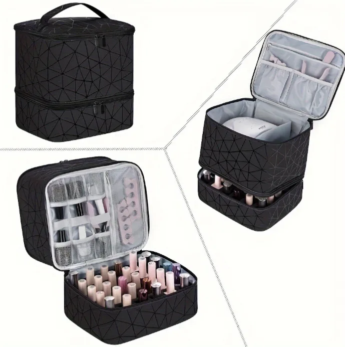 Double Layer PU Makeup Bag Large Capacity Nail Polish Organizer Portable Cosmetic Bag view 2