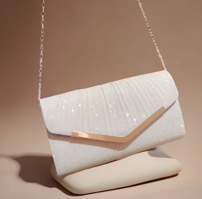 Sparkling Fabric Rectangular Handbag Gold Trim Chain Strap Crossbody Bag For Party Wedding