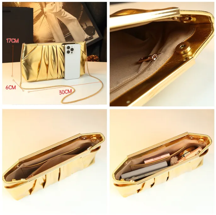 Women's Metallic Ruched PU Clutch Bag with Gold Chain Strap Evening Crossbody Purse view 2