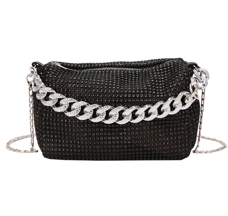 Women's Rhinestone PVC Mini Crossbody Bag Chunky Chain Evening Clutch with Detachable Strap
