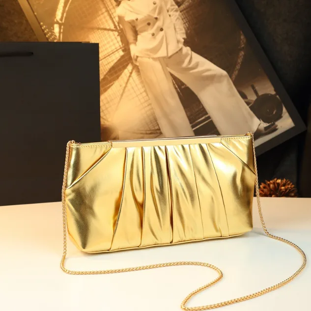 Women's Metallic Ruched PU Clutch Bag with Gold Chain Strap Evening Crossbody Purse view 3