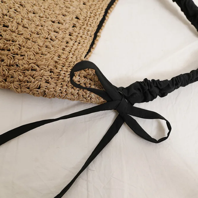 Women's Large Straw Woven Tote Bag with Bow Detail Hollow Out Beach Shoulder Bag view 2