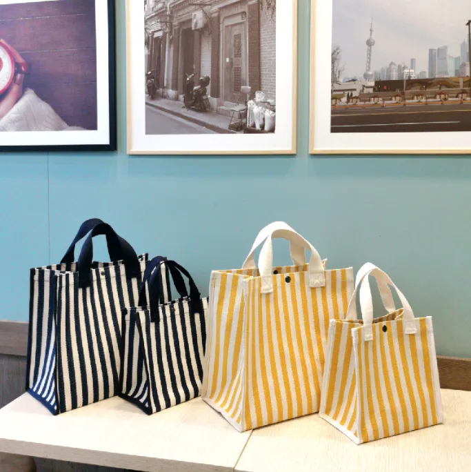 Portable Striped Canvas Tote Bag Large Capacity Minimalist Casual Shoulder Commute Bag