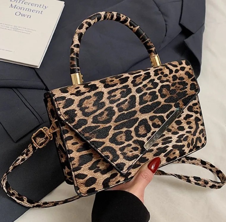 Leopard Print PU Leather Mini Top Handle Bag Envelope Style Crossbody Purse with Gold Bar Detail