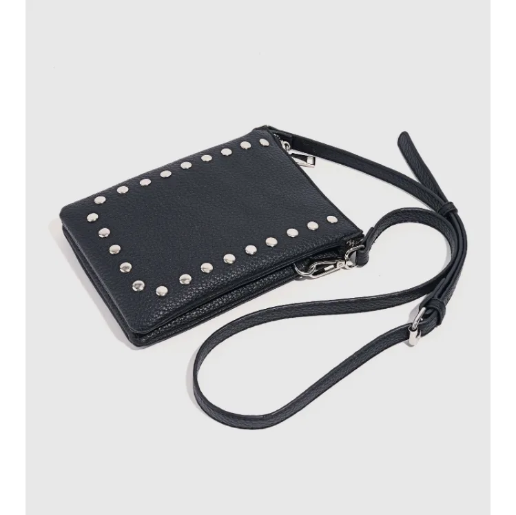 Casual PU Leather Studded Small Square Bag Double Zipper Crossbody Purse with Adjustable Strap