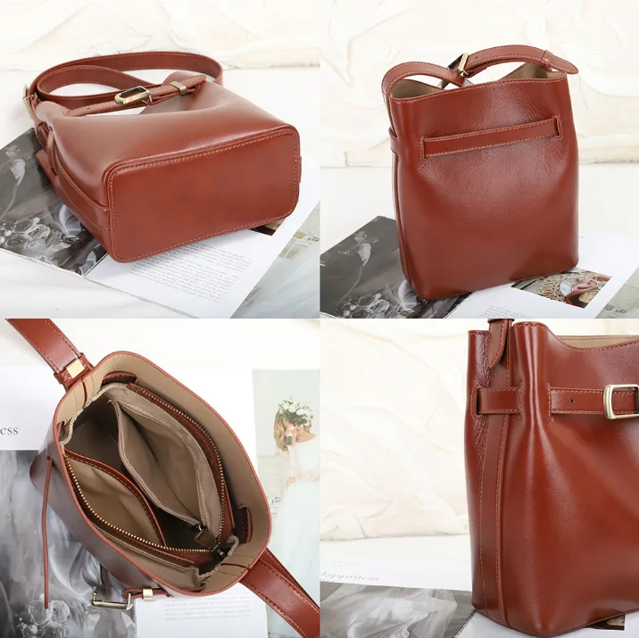 High Quality Genuine Leather Bucket Bag for Women Adjustable Strap Crossbody Shoulder Bag with Multiple Colors view 2