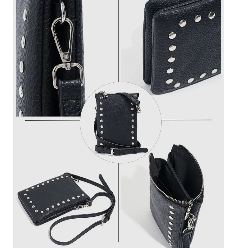 Casual PU Leather Studded Small Square Bag Double Zipper Crossbody Purse with Adjustable Strap view 3