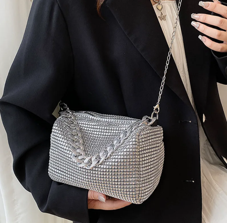 Women's Rhinestone PVC Mini Crossbody Bag Chunky Chain Evening Clutch with Detachable Strap view 2