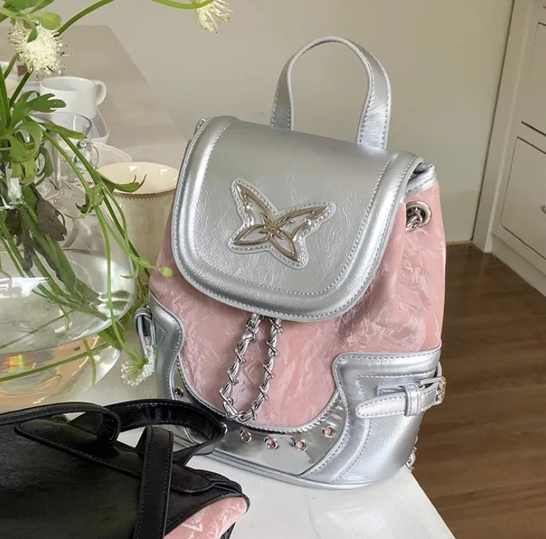 Silver Pink Two Tone PU Leather Backpack Cute Butterfly Decor Small Travel Backpack for Ladies view 3