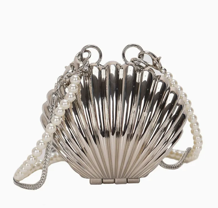 Silver/Gold Shell Shape Evening Clutch Bag with Dual Chains Mini Hard Shell Crossbody Purse
