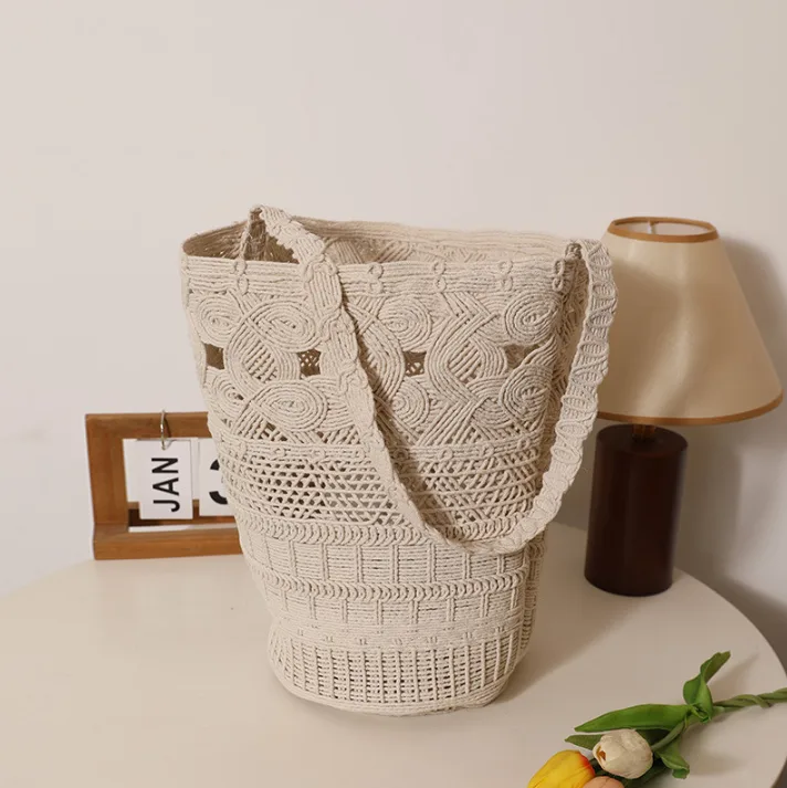 Boho Style Cotton Macrame Bucket Bag Large Capacity Woven Shoulder Bag for Vacation