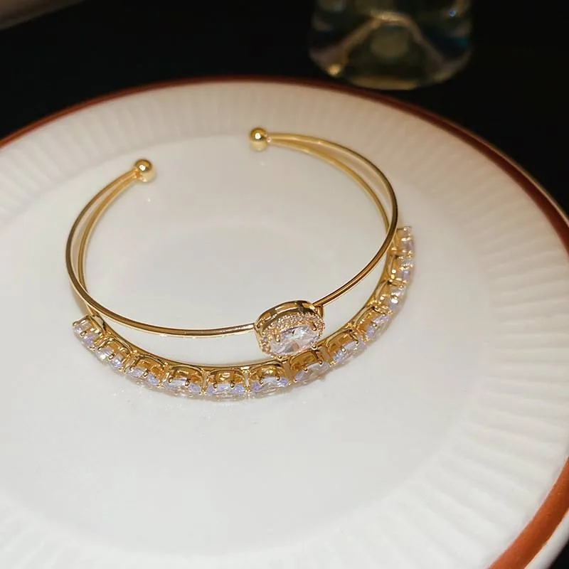 Luxury Rhinestone Open Cuff Bangles Shining Double Layer Designer Fashion Bracelets Jewelry for Women Accessory Jewelry Gift