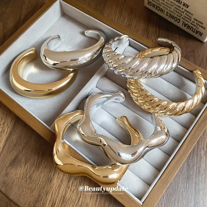 Fashion Irregular Liquid Wave Bangle Adjustable Gold Plated Copper Jewelry Niche Texture Sense Fold Open Bracelet view 2