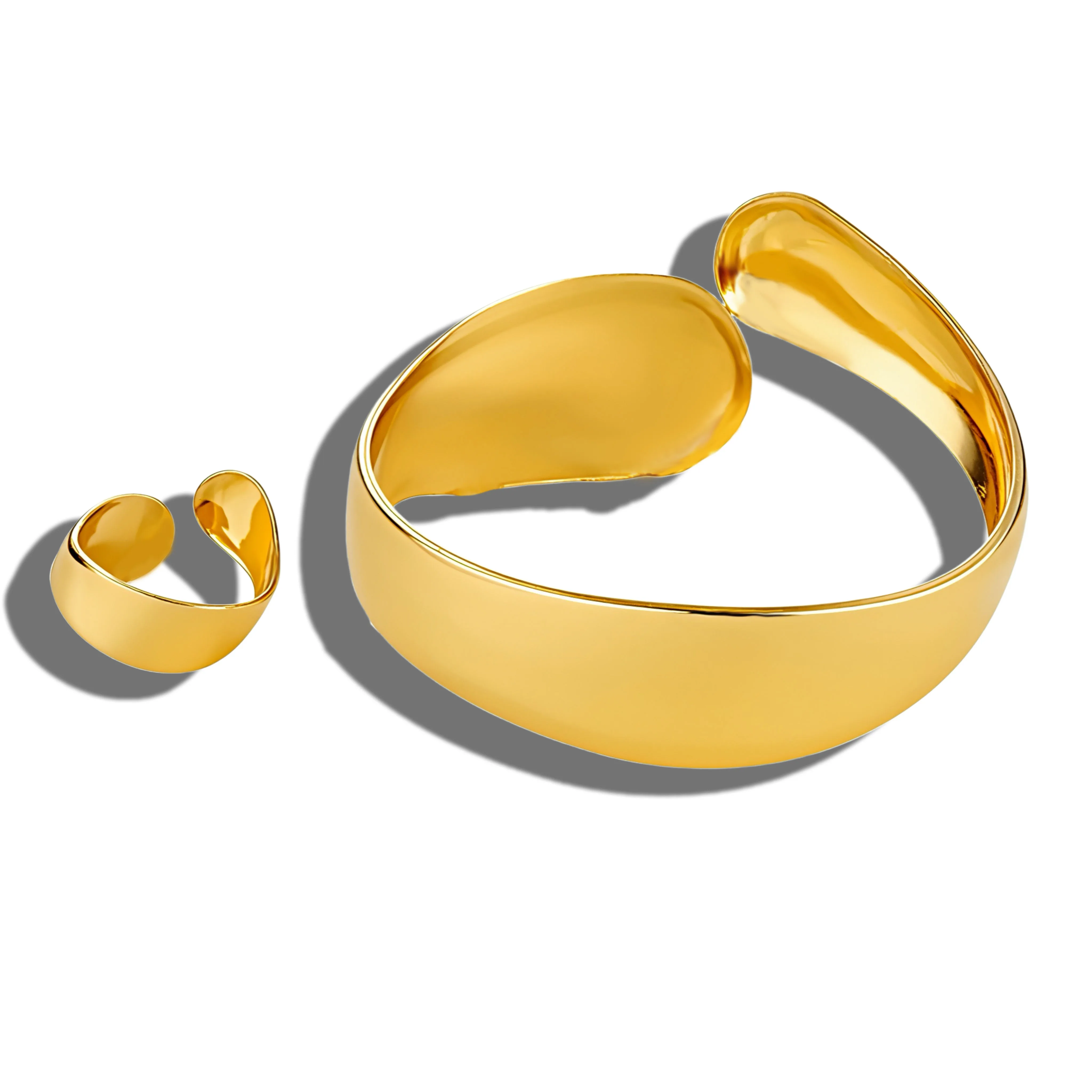 Gold Plated Cuff Bangle Ring Set for Women Chunky Open Bracelet Statement Designer Wedding Dubai African Jewelry Sets Wholesale view 3