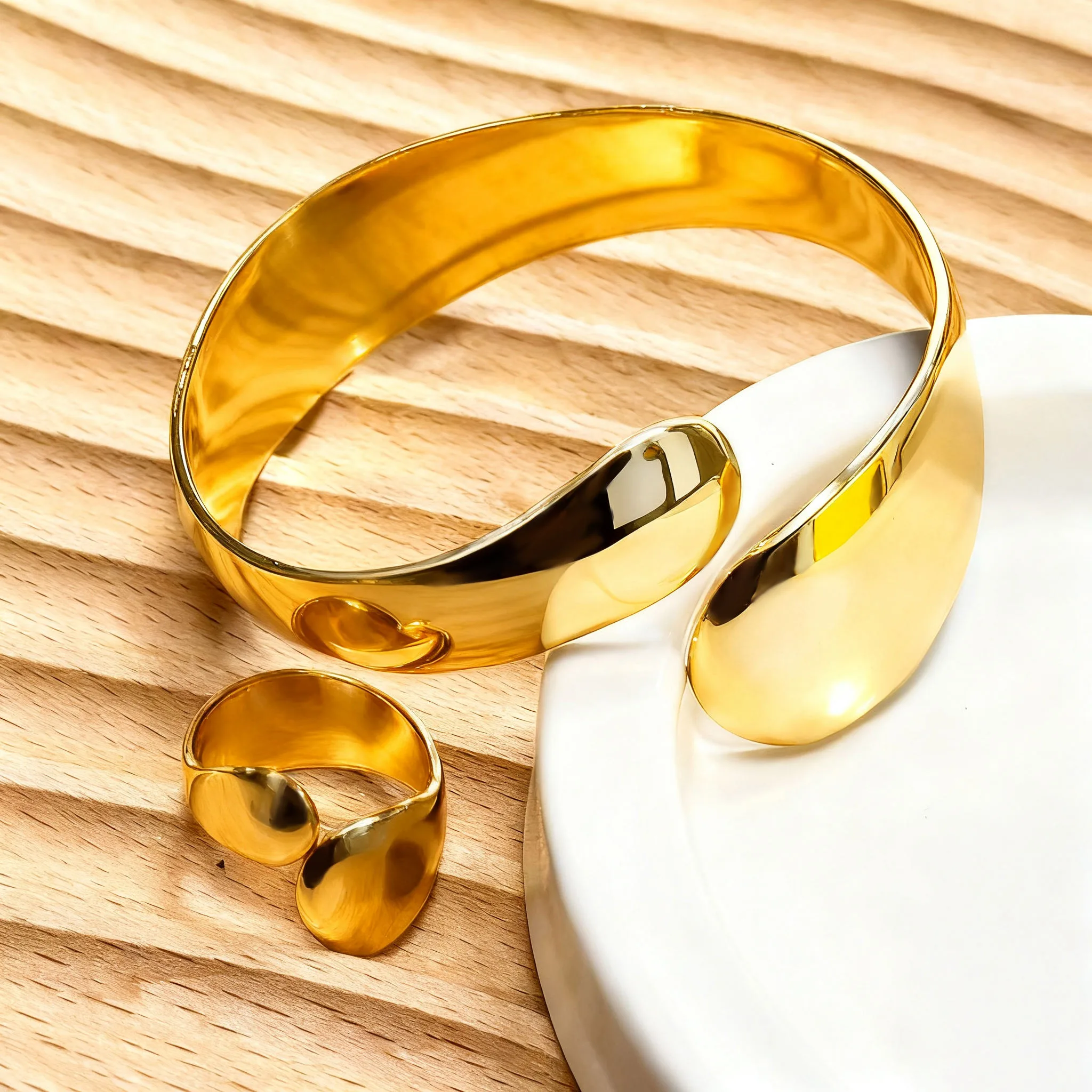 Gold Plated Cuff Bangle Ring Set for Women Chunky Open Bracelet Statement Designer Wedding Dubai African Jewelry Sets Wholesale