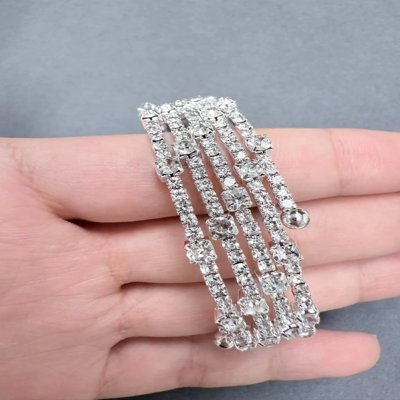 Women New Luxury Fashion Multilayer Diamond Surrounded Silver Shiny Bangles Imitation Pearl Temperament Female Cuff Bracelet view 2