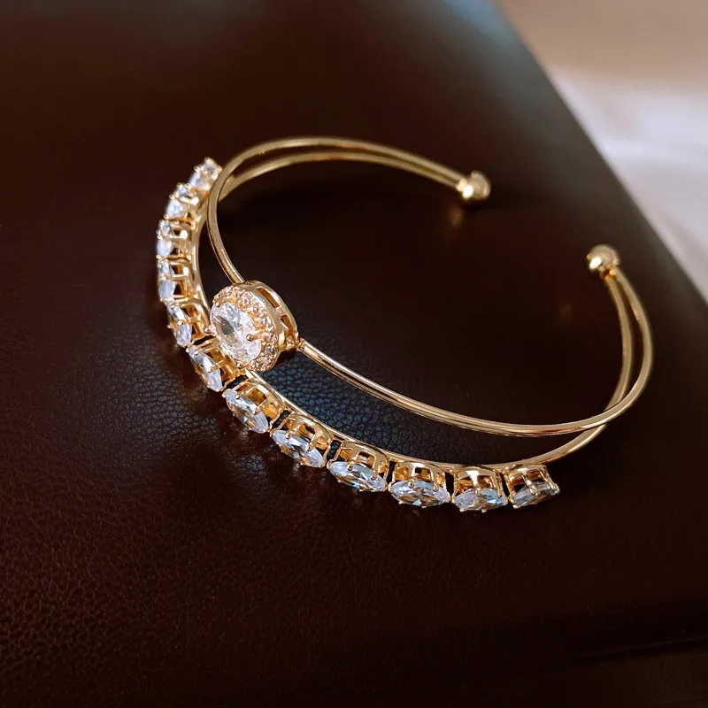 Luxury Rhinestone Open Cuff Bangles Shining Double Layer Designer Fashion Bracelets Jewelry for Women Accessory Jewelry Gift view 2