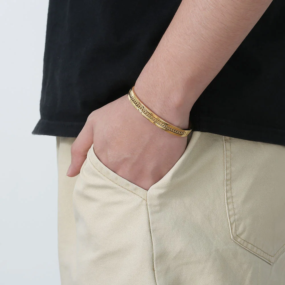 Wholesale Custom Classic Fashion Hiphop Luxury Pattern Silver Bangles Rose Gold Plated Stainless Steel Jewelry for Men Boy view 2