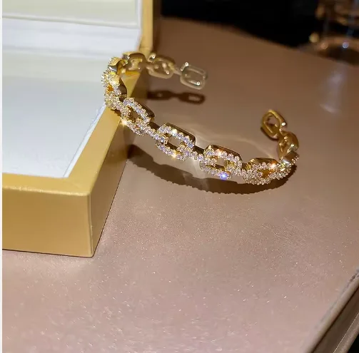 Wholesale Gold Color Full with Zircon Twisted Rope CZ Open Cuff Bangle Chunky Fashion Bracelets Wedding Jewelry for Women Gift