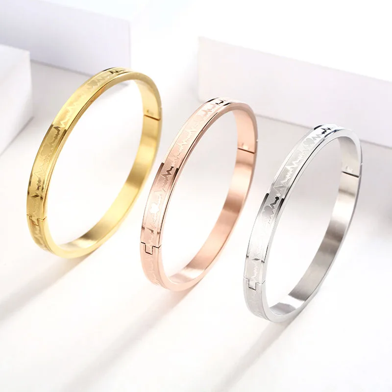 Hiphop Classic Fashion Bangles Women Men Wholesale Electrocardiogram Line Heart Pattern Gold Plated Stainless Steel Jewelry view 2
