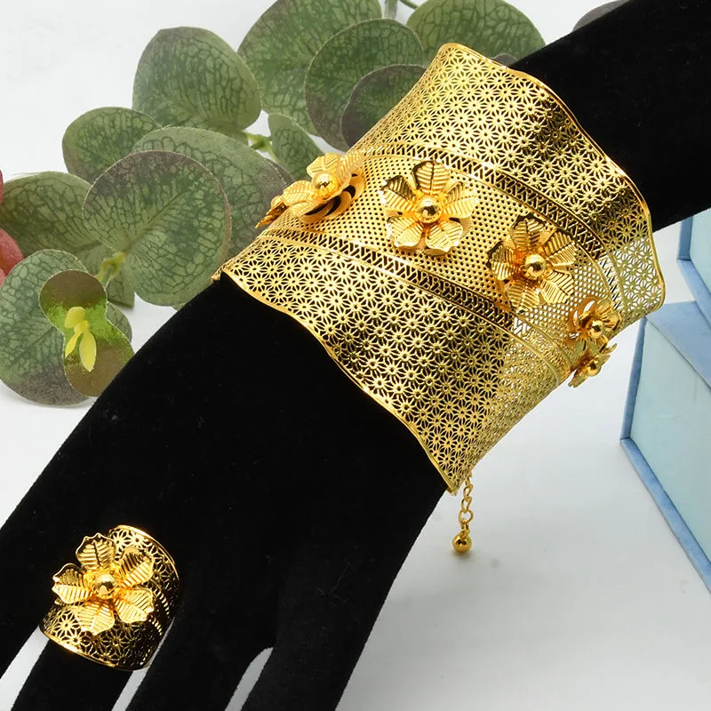 Women's Custom Vintage Flower Rings and Bangles Set Luxury Design Gold Plated Fashion Jewelry Gold Plated Copper Jewelry view 2