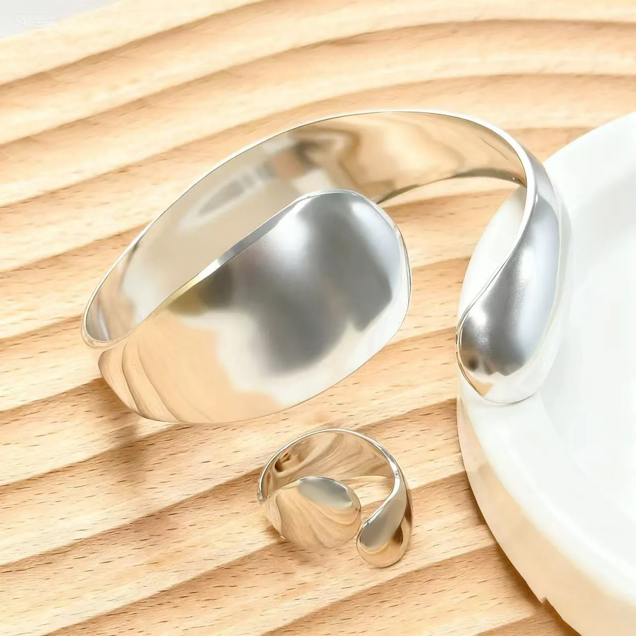 Gold Plated Cuff Bangle Ring Set for Women Chunky Open Bracelet Statement Designer Wedding Dubai African Jewelry Sets Wholesale view 2