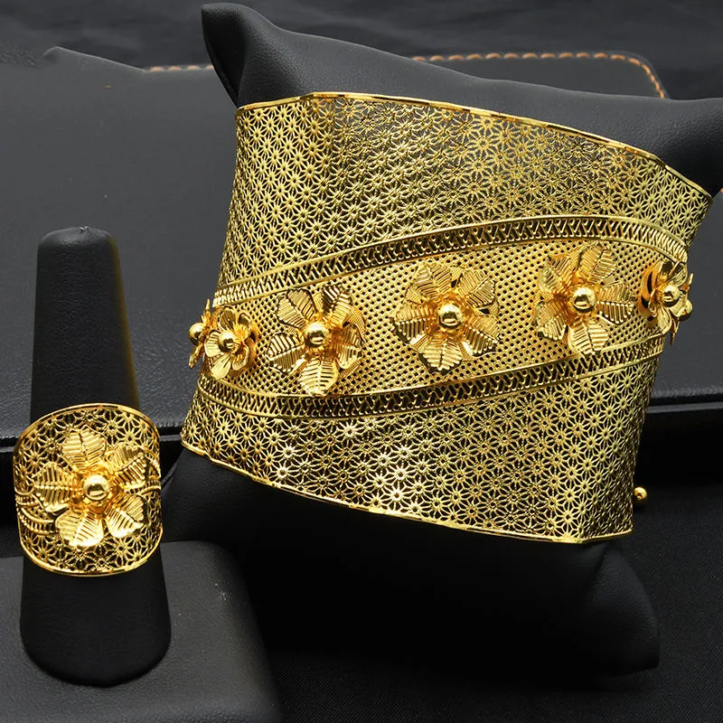 Women's Custom Vintage Flower Rings and Bangles Set Luxury Design Gold Plated Fashion Jewelry Gold Plated Copper Jewelry view 3