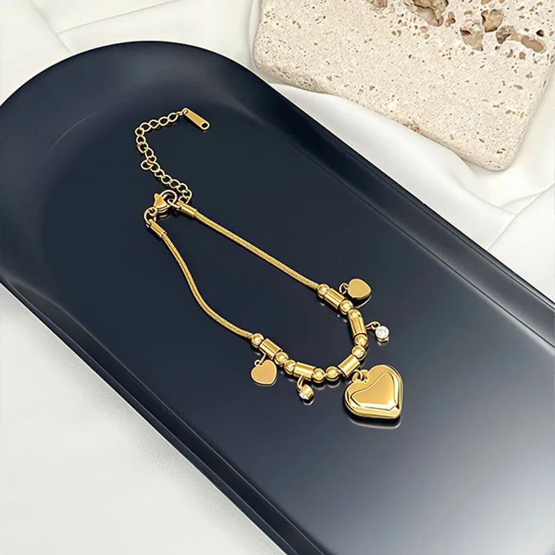 Factory Wholesale Women Fashion Gold Plated Stainless Steel Jewelry Heart Pendant Adjustable Chain Bracelet for Valentines Gift view 3