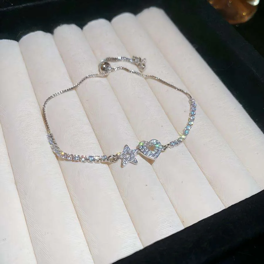 Women Fashion Charms Zircon Diamond Adjustable Chain Bracelet Copper Tennis Star Heart Shape Bracelet Jewelry for Jewellery Gift view 2