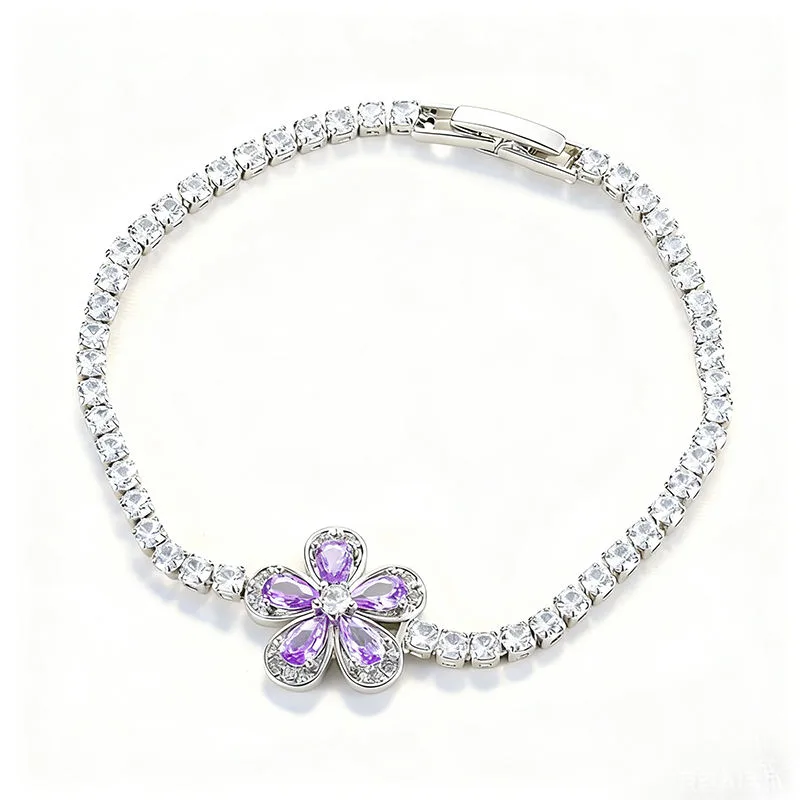 Purple Flower Shining Diamond Tennis Bracelet Women Copper Zircon Jewelry Fashion Chain Link Fancy Jewellery for Valentines Gift