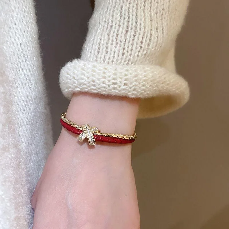 14K Gold Plated Copper Zircon Cross Double-Layer Bracelet Red Leather Trendy Gift Jewelry Unisex Fancy view 3