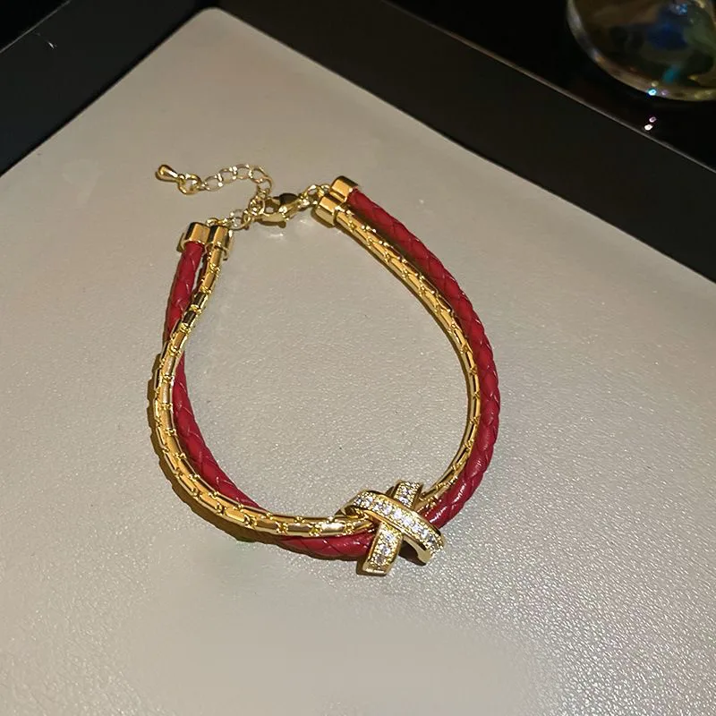 14K Gold Plated Copper Zircon Cross Double-Layer Bracelet Red Leather Trendy Gift Jewelry Unisex Fancy