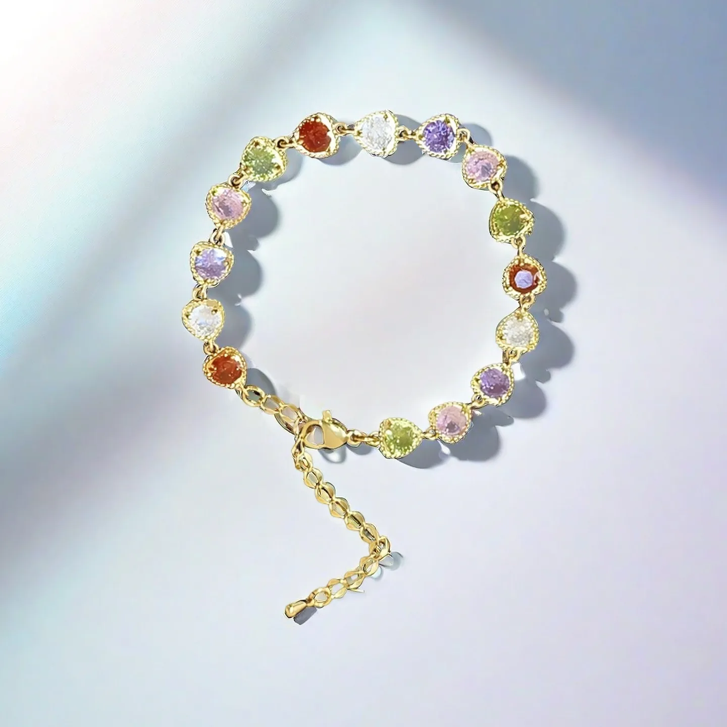 Custom Diamond Zircon Colorful Hearts Fashion Chain & Link Bracelets Gold Plated Copper Jewelry Fancy Jewellery for Ladies Women