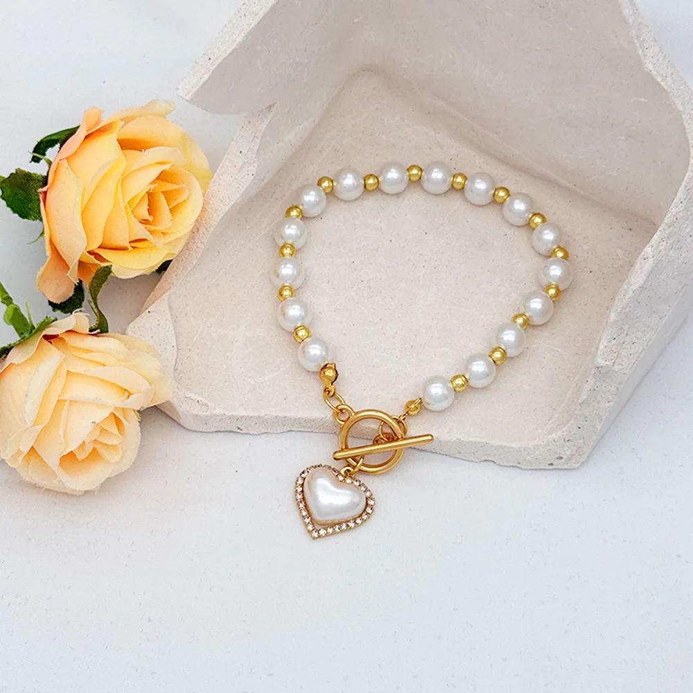 Fashion Designer Heart Pendant Pearl Beaded Jewelry Bracelets Wholesale Acrylic Imitation Pearl Zircon Bracelet for Women Girls view 3