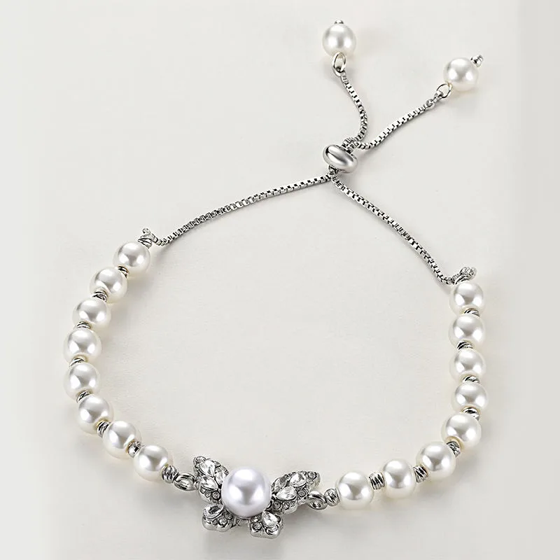 Factory Wholesale Butterfly Bracelets Adjustable Tennis Fashion Artificial Pearl Beaded Bracelet Wedding Jewelry for Women Girls