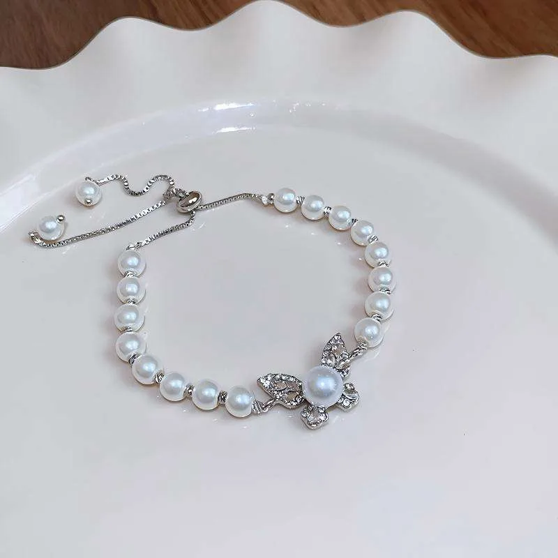 Factory Wholesale Butterfly Bracelets Adjustable Tennis Fashion Artificial Pearl Beaded Bracelet Wedding Jewelry for Women Girls view 2