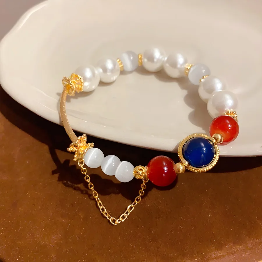 Custom Cat's Eye Stone Pearl Bracelet Beaded String Gold Plated Copper Bracelets Jewelry Fashion Jewellery for Ladies Woman
