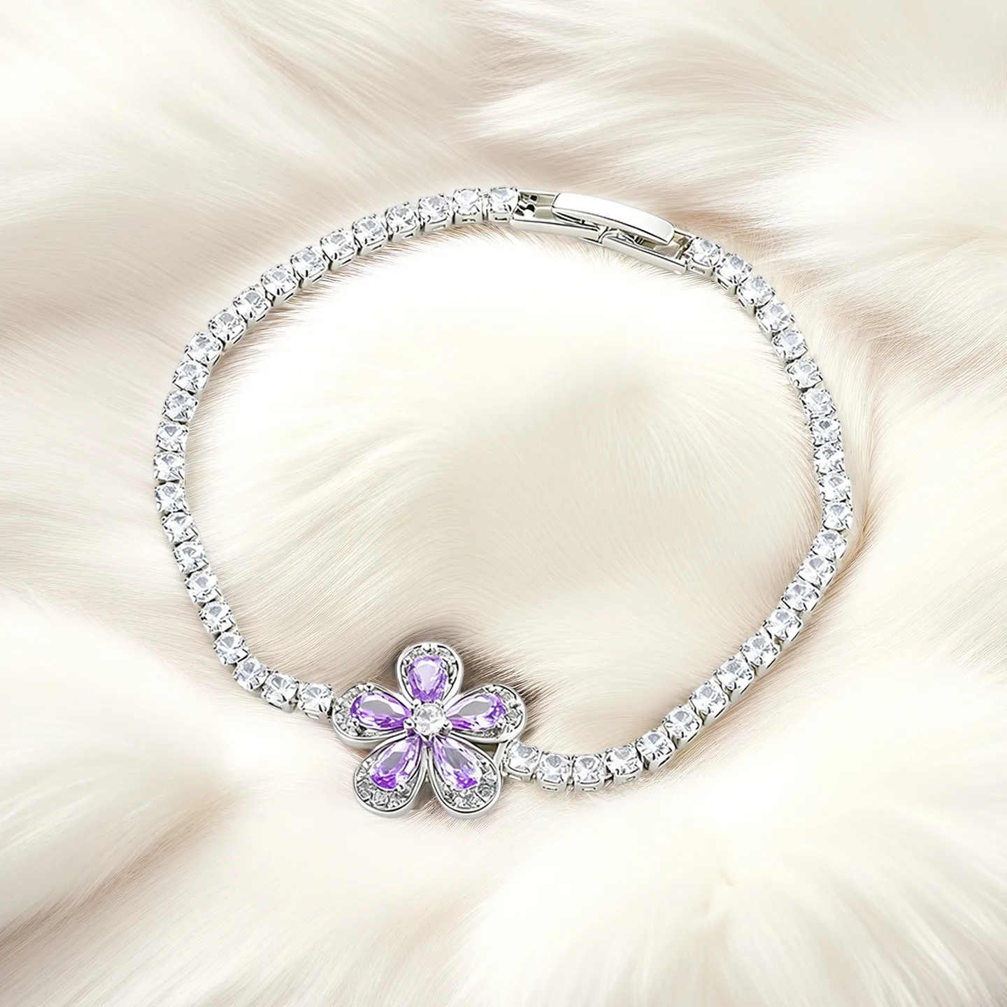 Purple Flower Shining Diamond Tennis Bracelet Women Copper Zircon Jewelry Fashion Chain Link Fancy Jewellery for Valentines Gift view 3